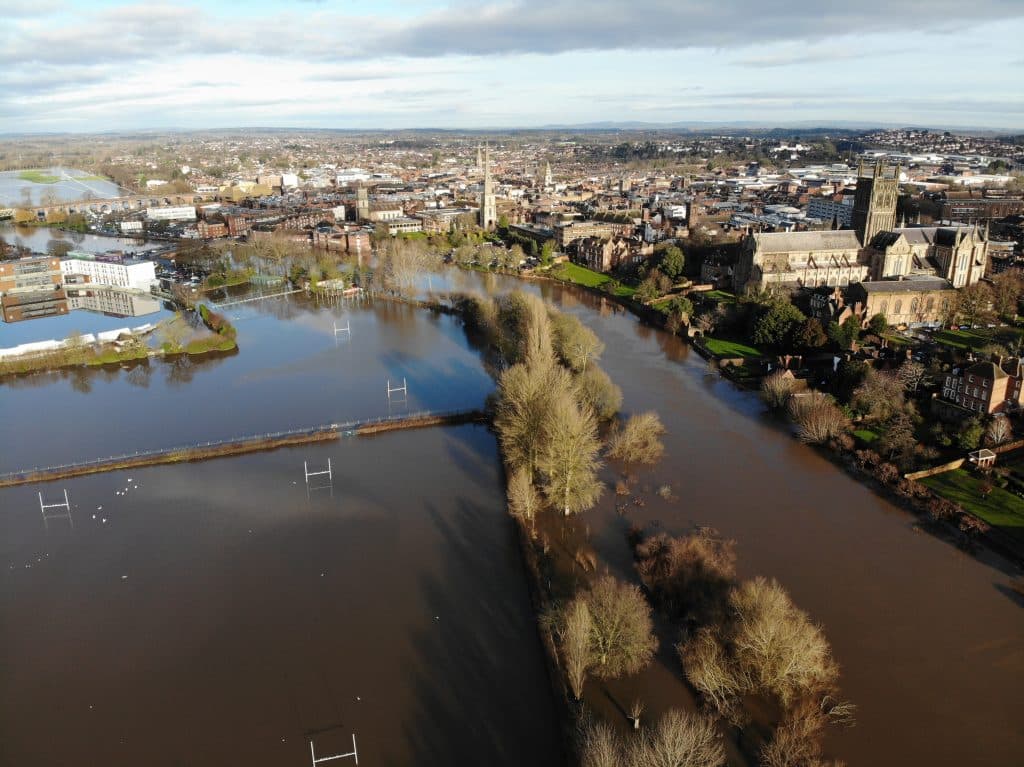 Drone image Worcester in flood