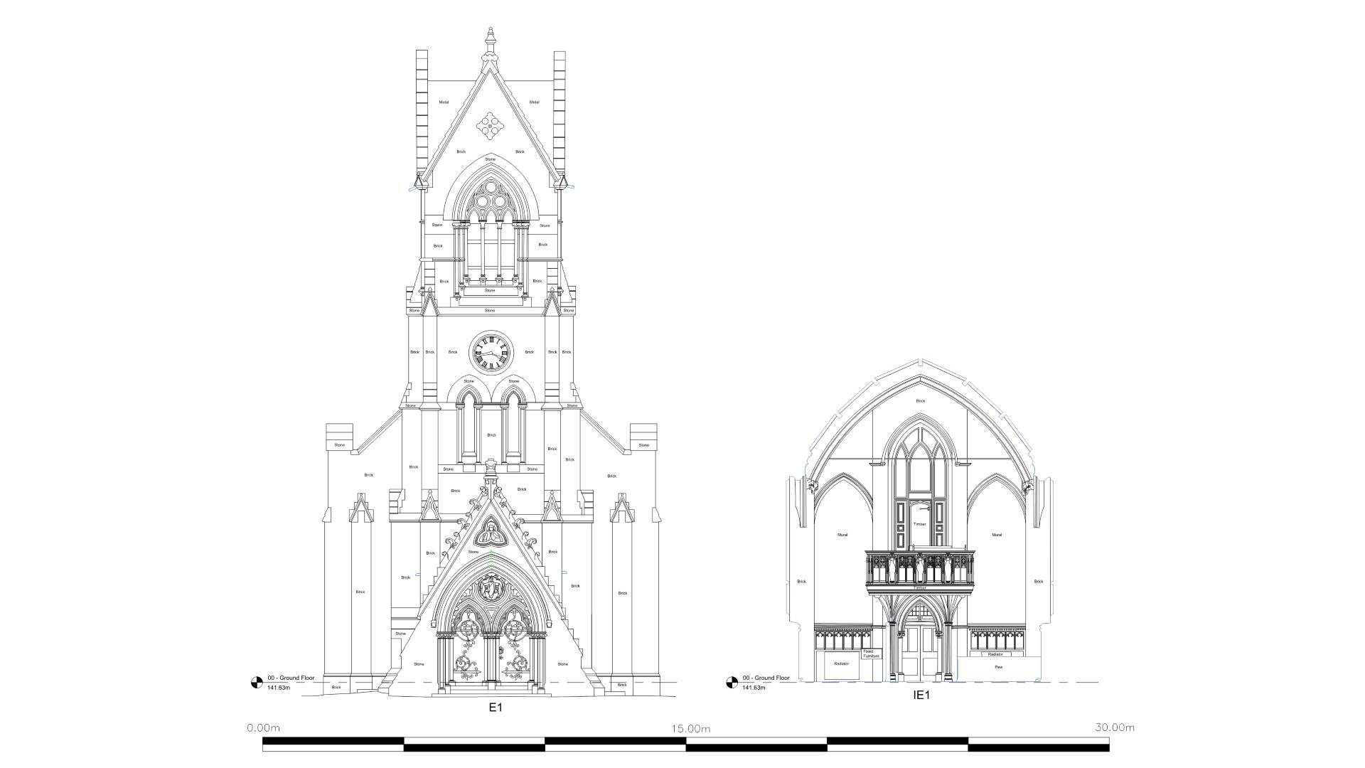CAD drawing showing high detail internal & external elevations of a church.