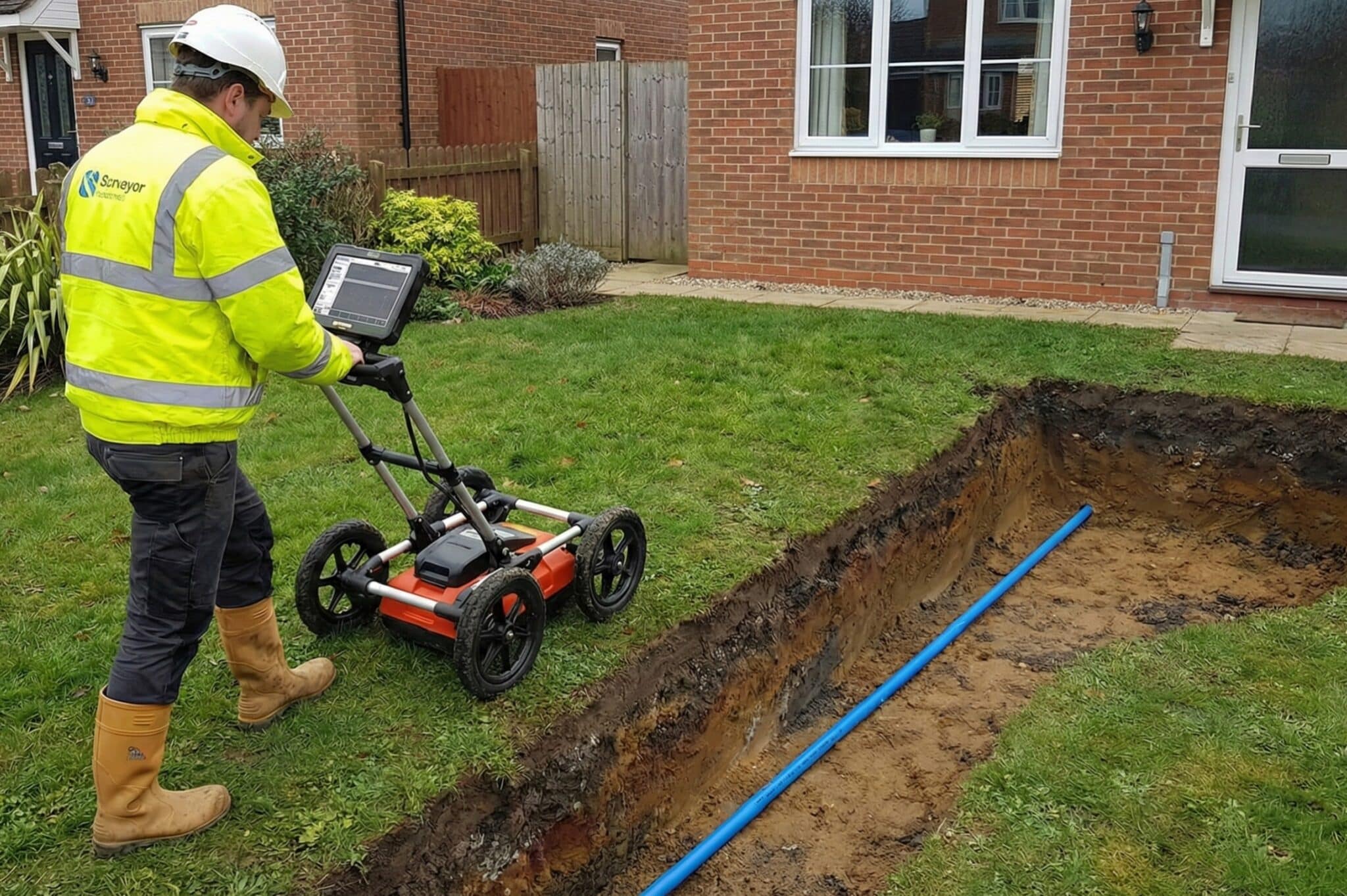 A surveyor tracing a domestic water pipe location.