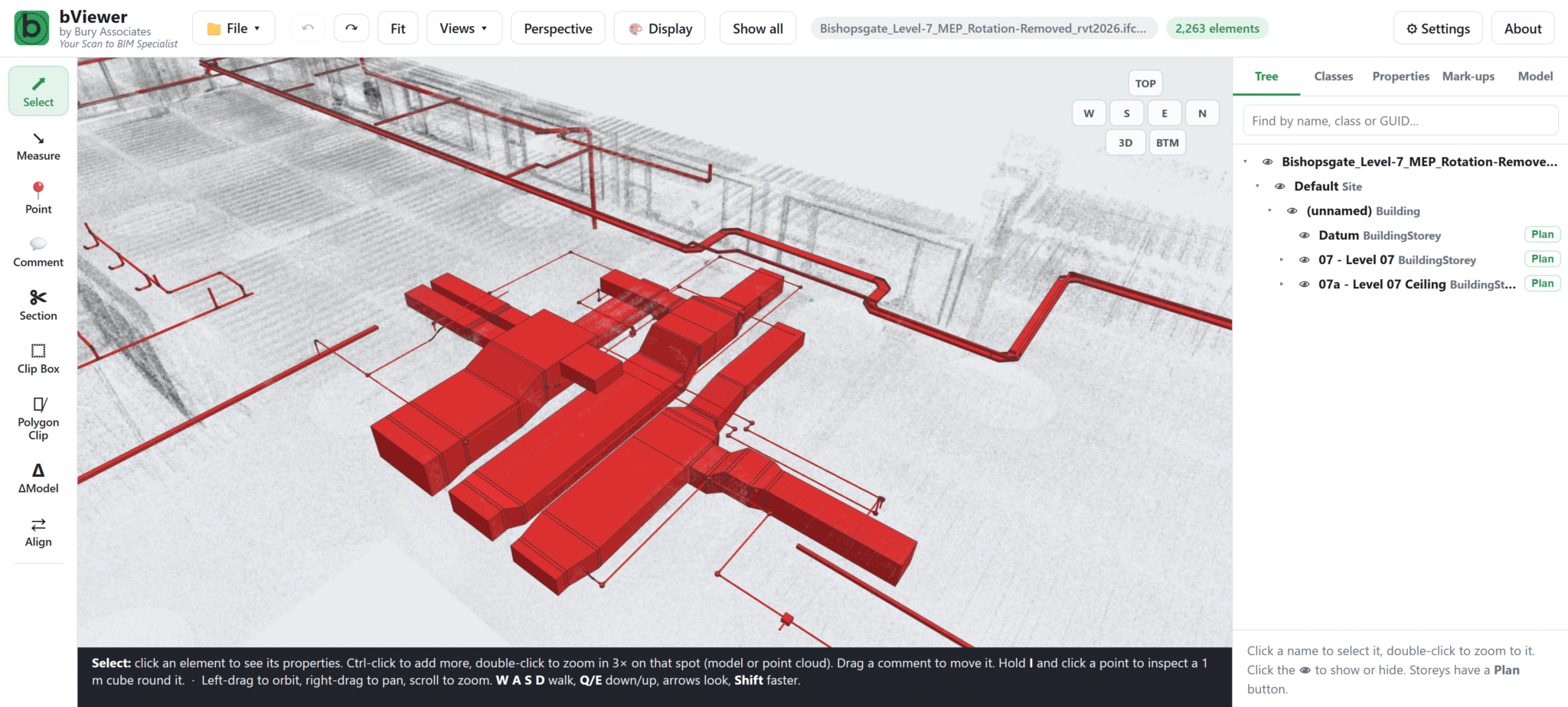 bViewer showing an IFC MEP model over a laser scan point cloud